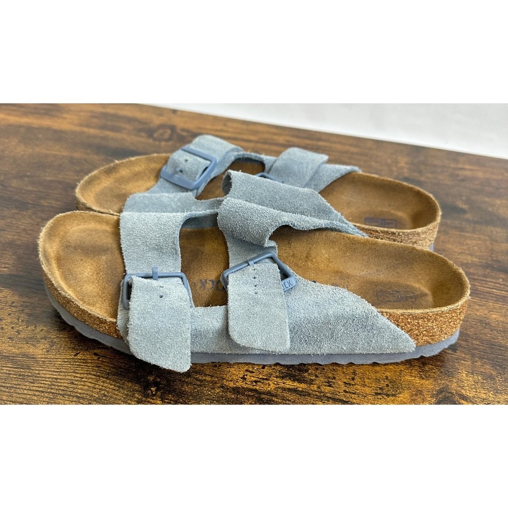 Birkenstock Arizona Soft Footbed Suede Sandals Buckle Blue Slides Size 38 L7 M9 - Picture 9 of 14